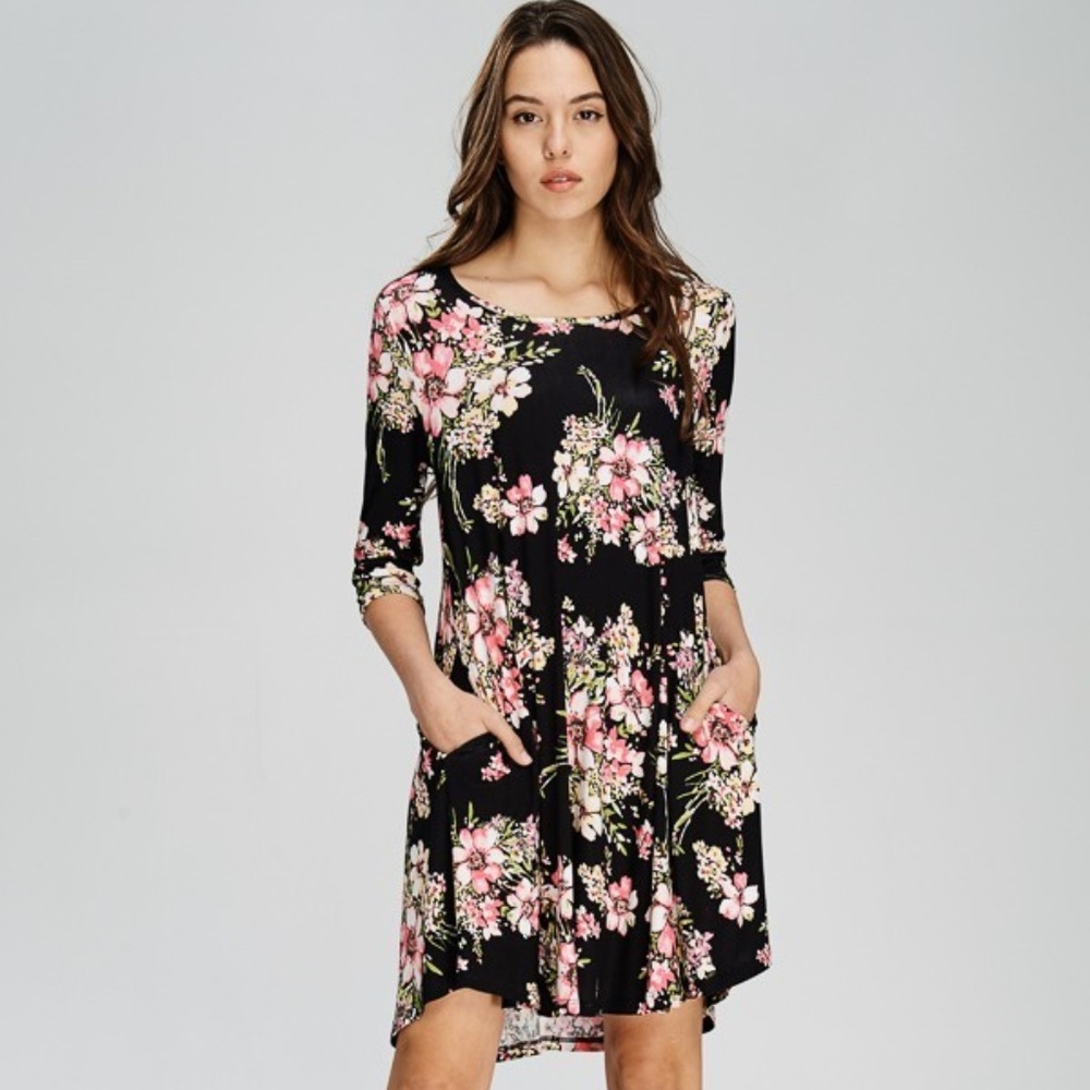 Floral Pocket Swing Midi Dress - Black